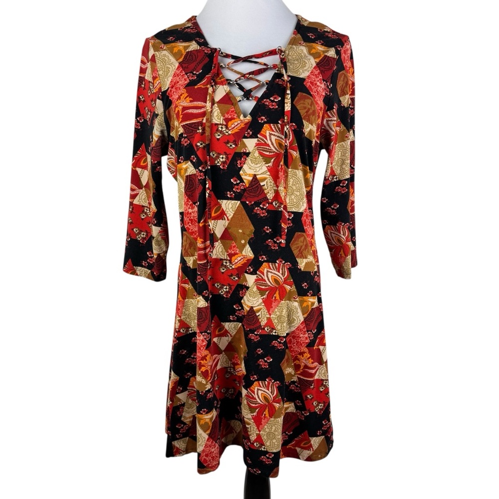 BeBop Orange Red A-line V-Neck Criss Cross 3/4‎ Sleeve Midi Dress Women's Medium